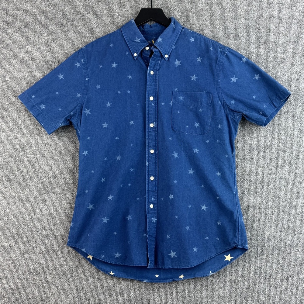Ralph Lauren Button Down Shirt Mens L Blue Reversible Stars USA Print Slim Fit